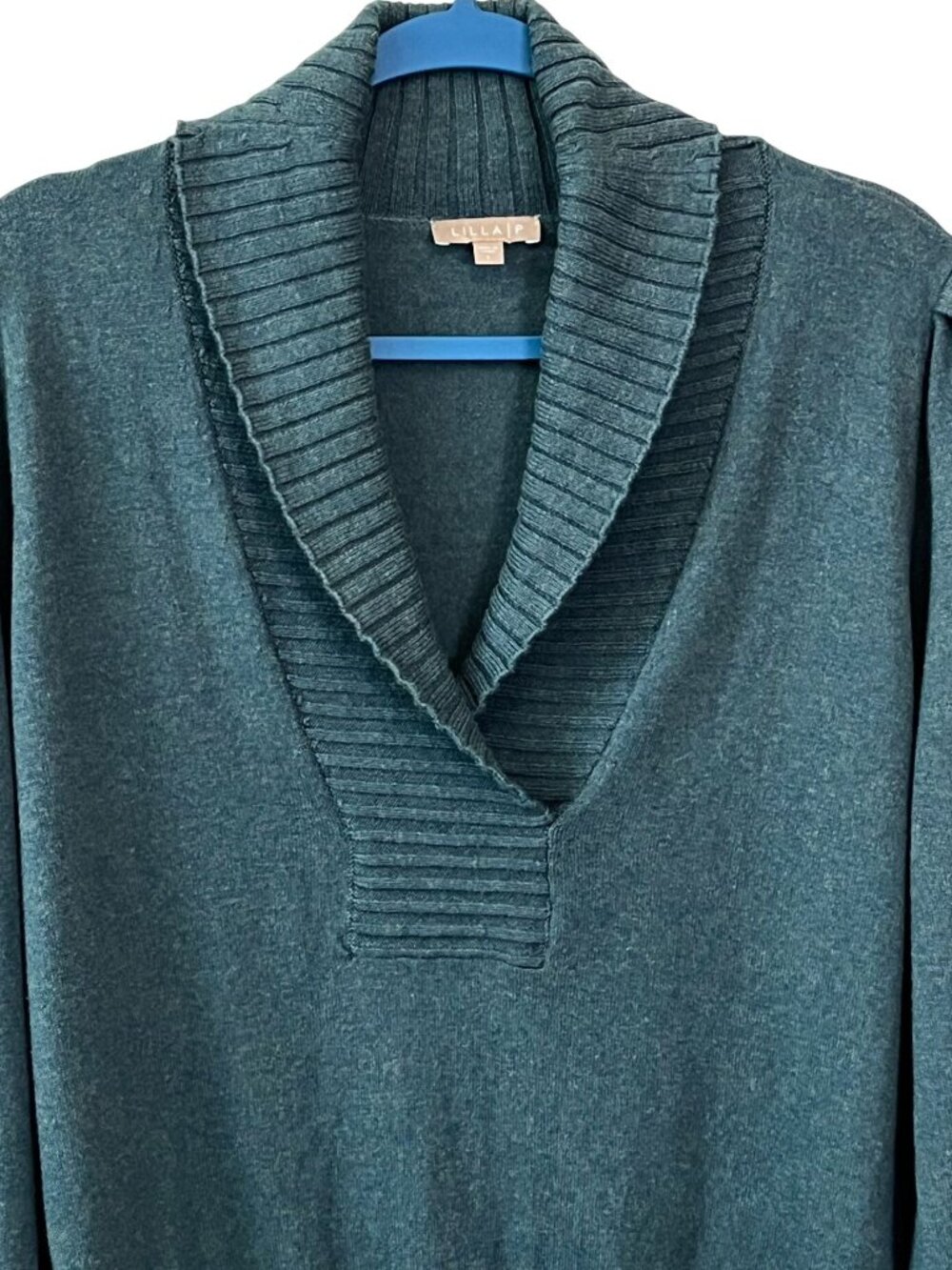 LILLA P Teal Cotton Cashmere Shawl Collar Sweater Size L - Picture 4 of 7